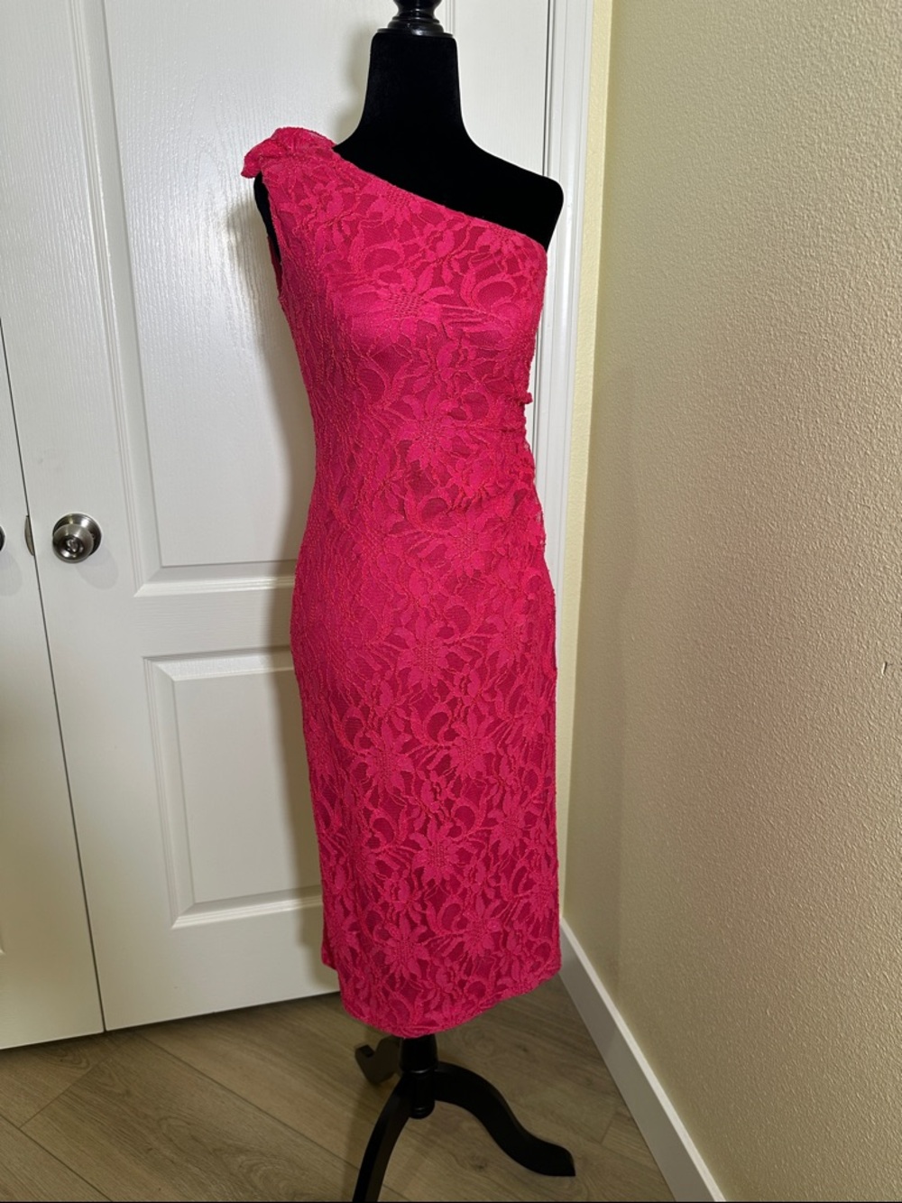 Hot Pink One-Shoulder Lace Sheath Dress. Hailey by Adrianna Papell.